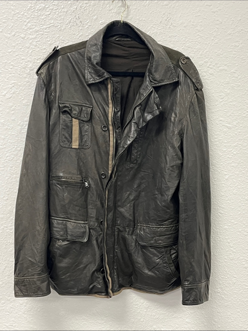 Kenzo Brown Olive Military Field Leather Jacket #1272